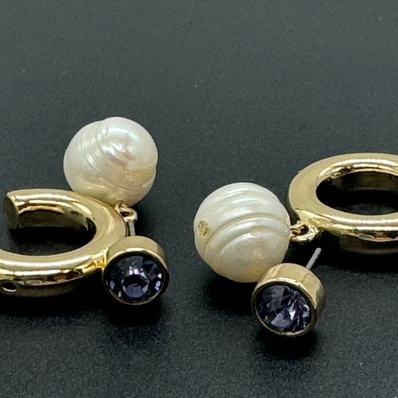 INC Gold Tone Open Hoop with Dangling Faux Pearl Purple Crystal Post Earrings - Picture 11 of 13